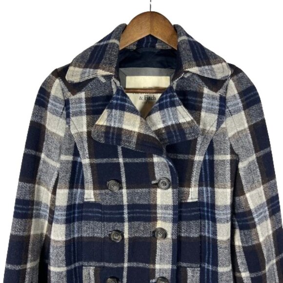 Abercrombie & Fitch Womens Plaid Wool Cropped Peacoat Jacket XS Blue Y2K Preppy - Picture 2 of 13